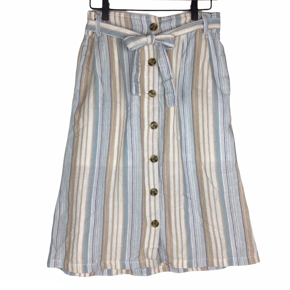 DASH Linen Blend Skirt Stripe Print Button Tie Waist Minimalist Modest Small - Picture 8 of 8
